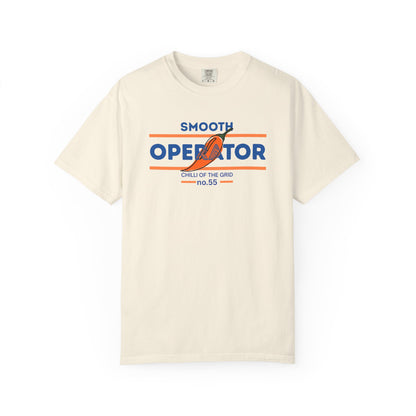 Motorsports inspired graphic tee with a spicy chili pepper and Smooth Operator lettering