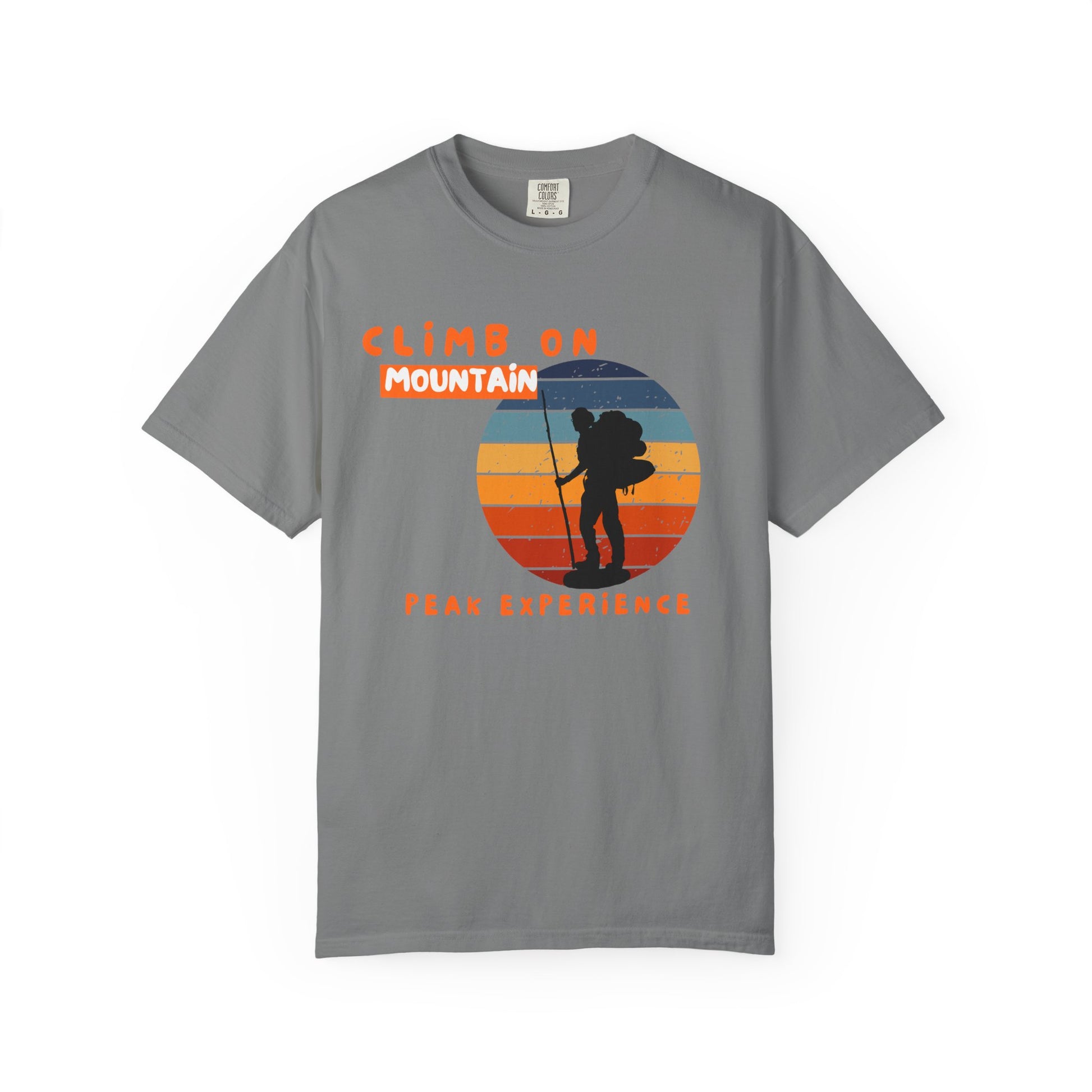 Mountain climbing shirt front view showing Climb On Peak Experience design