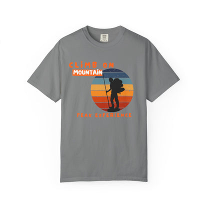 Mountain climbing shirt front view showing Climb On Peak Experience design