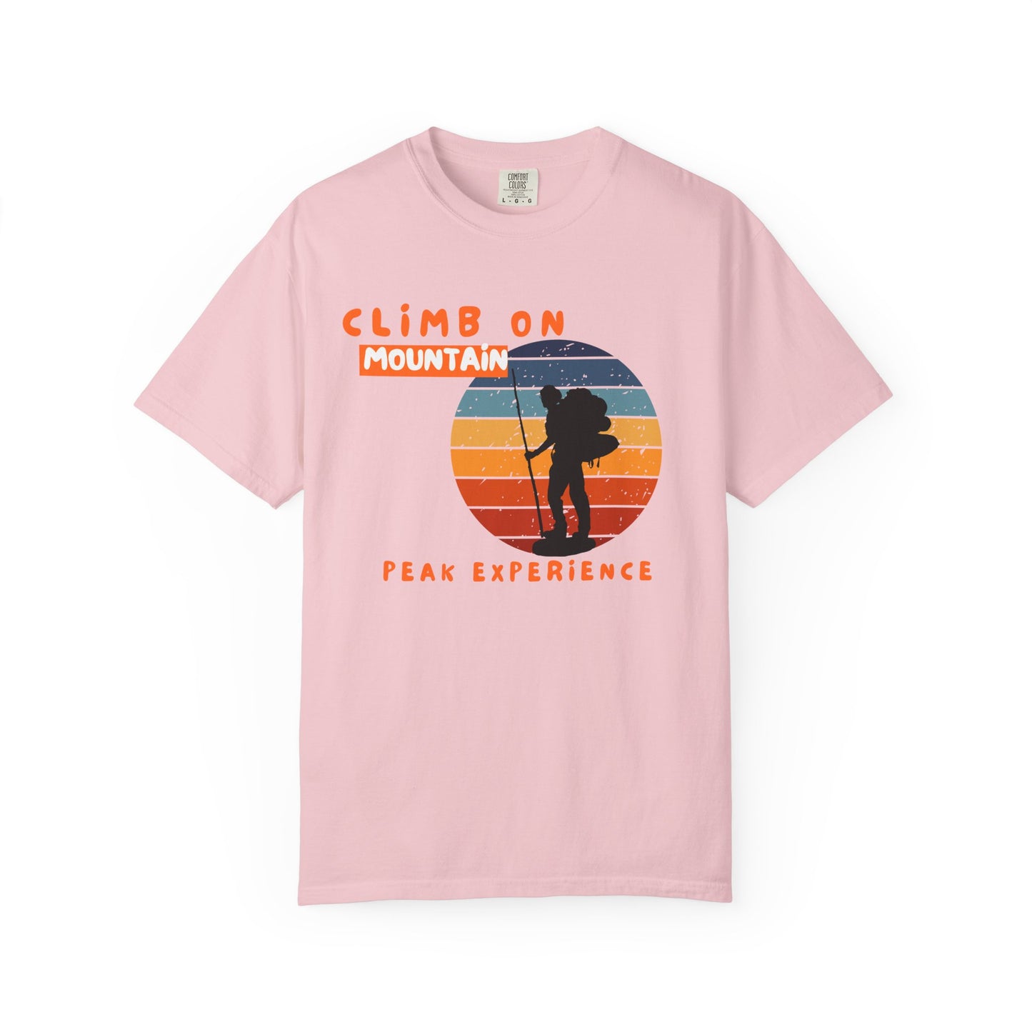 Mountaineer apparel: Climb On Peak Experience t-shirt hanging flat lay product shot