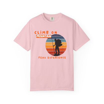 Mountaineer apparel: Climb On Peak Experience t-shirt hanging flat lay product shot