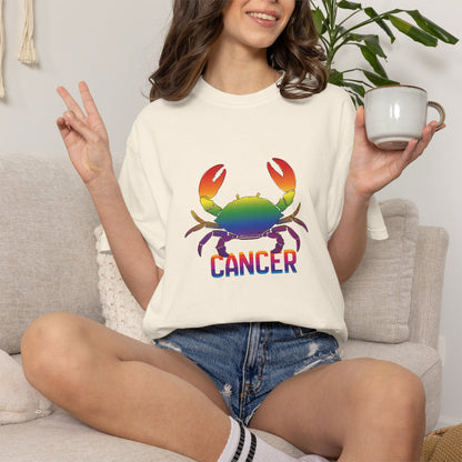 Multicolor crab graphic tee with Cancer zodiac text