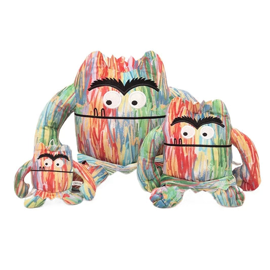 Multicolor emotion monster plush toy in three sizes displayed on a white background