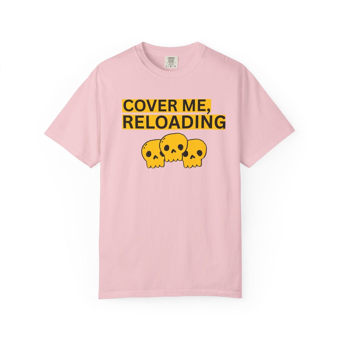 Multiplayer shooter apparel cover me reloading skull tee male model front view