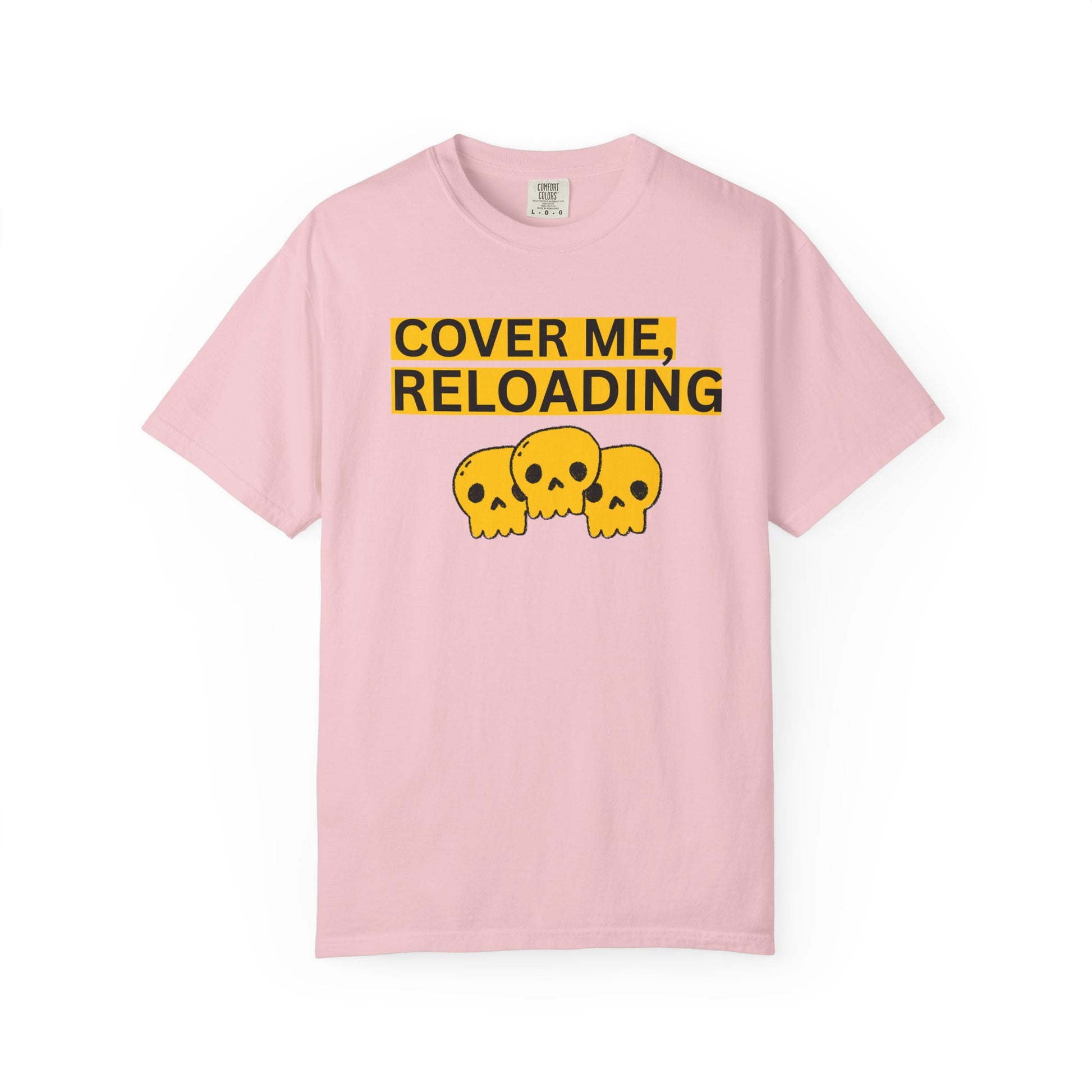 Multiplayer shooter apparel cover me reloading skull tee male model front view