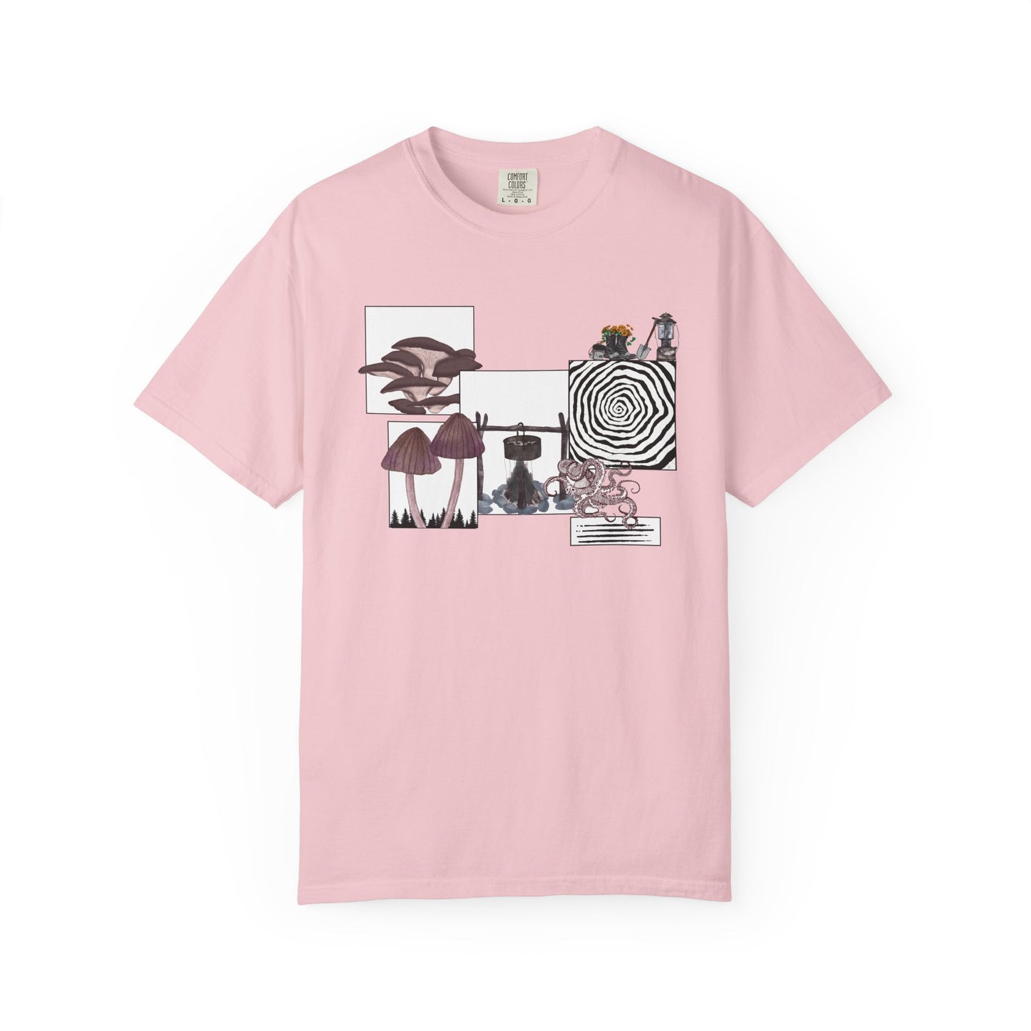 Mushroom graphic tee worn outdoors in forest setting with dappled warm light