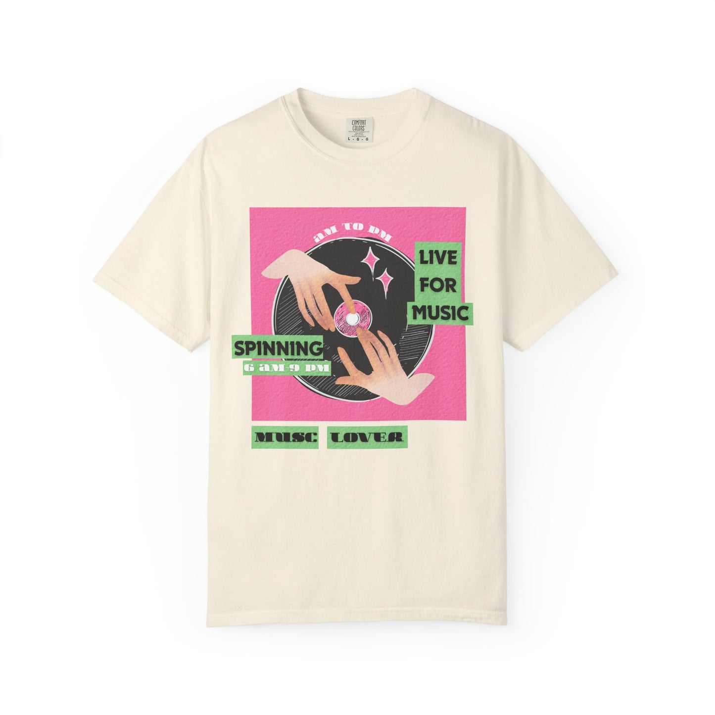 Music culture tee featuring turntablist hands on vinyl record