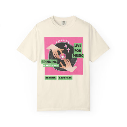Music culture tee featuring turntablist hands on vinyl record