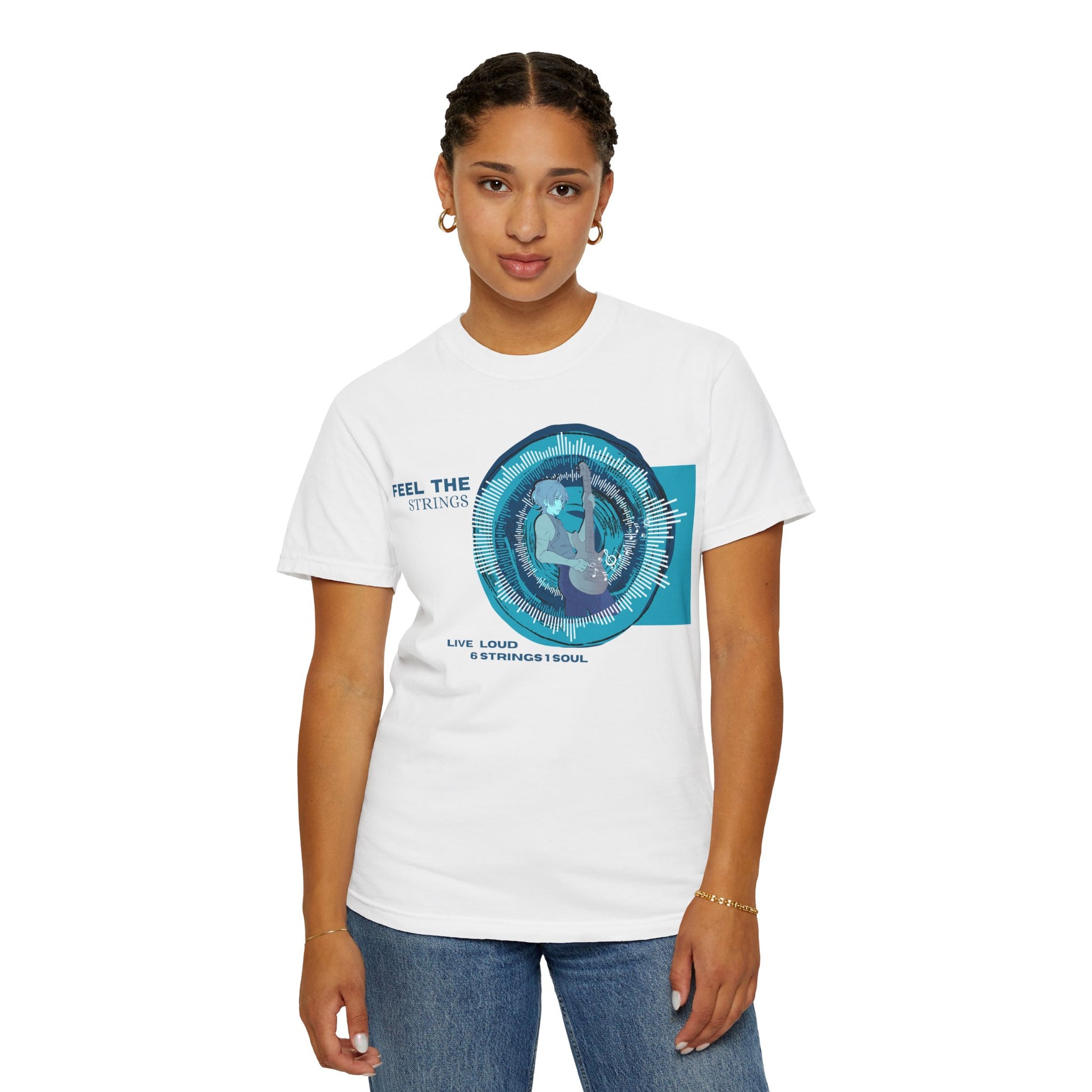 Music graphic tee worn by female model natural light lifestyle photography