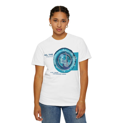 Music graphic tee worn by female model natural light lifestyle photography