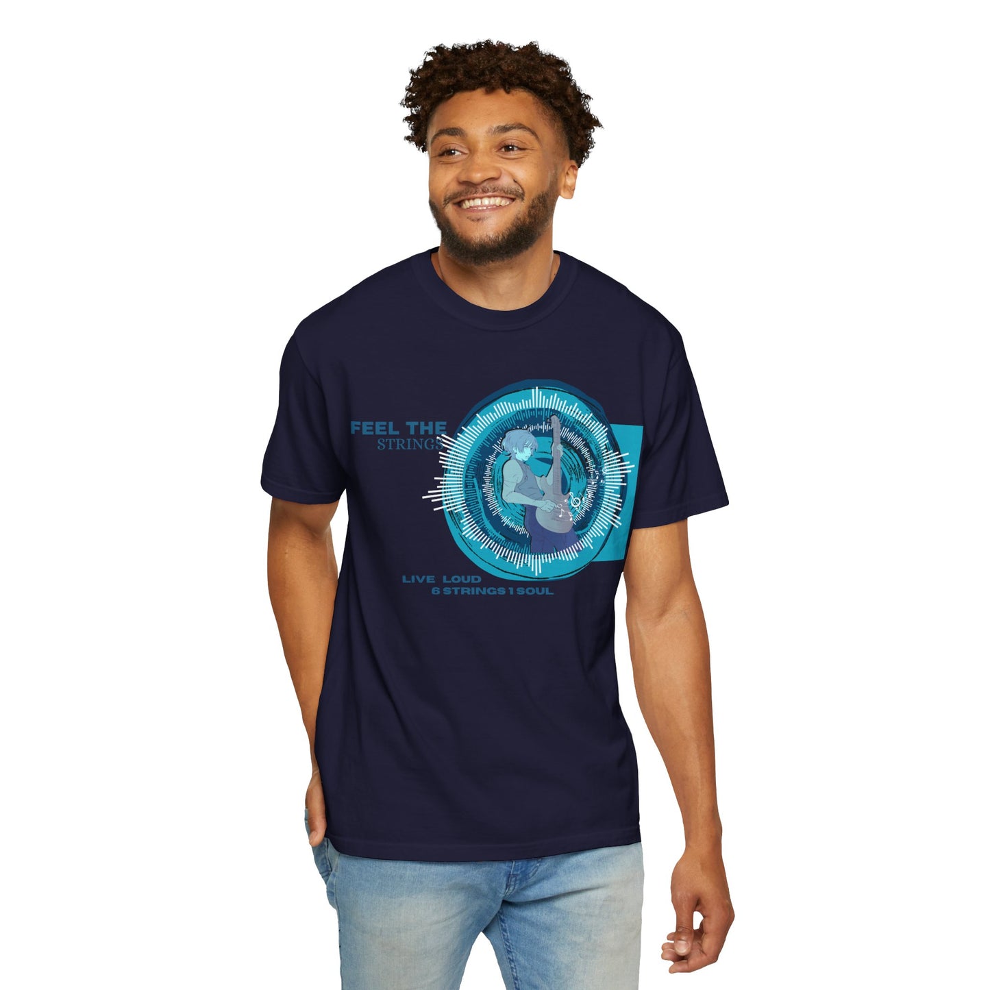 Music lover t-shirt close up showing ring spun cotton fabric texture and print vibrancy