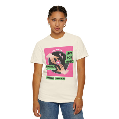 Music lover tee worn by DJ at outdoor festival