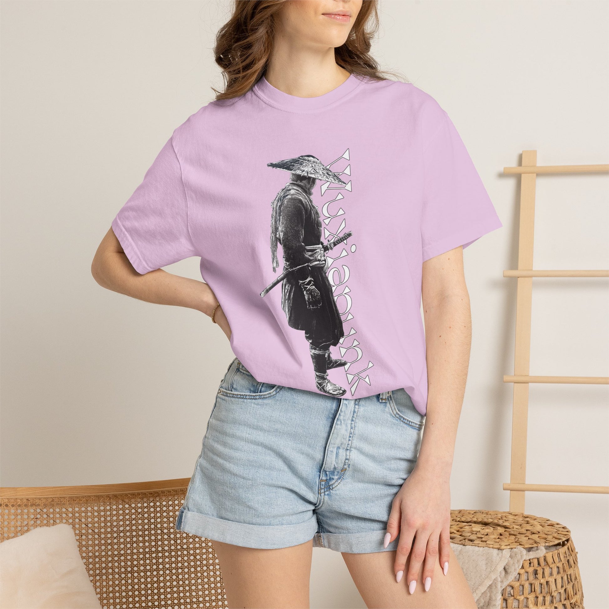 Mysterious ronin straw hat katana graphic heavyweight garment dyed tee dark design
