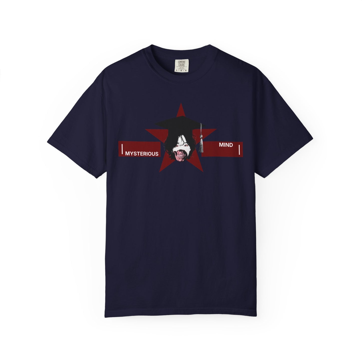 Mysterious unisex tee with red horizontal stripes and Mysterious Mind text detail