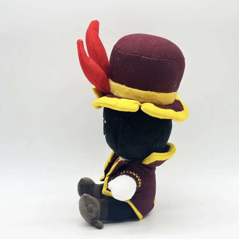 Narrator plushie held in hand to show 23cm plush size