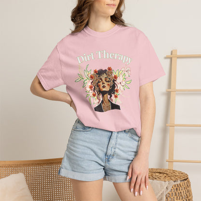 Nature inspired graphic tee worn at outdoor farmers market with woven bag and sun hat