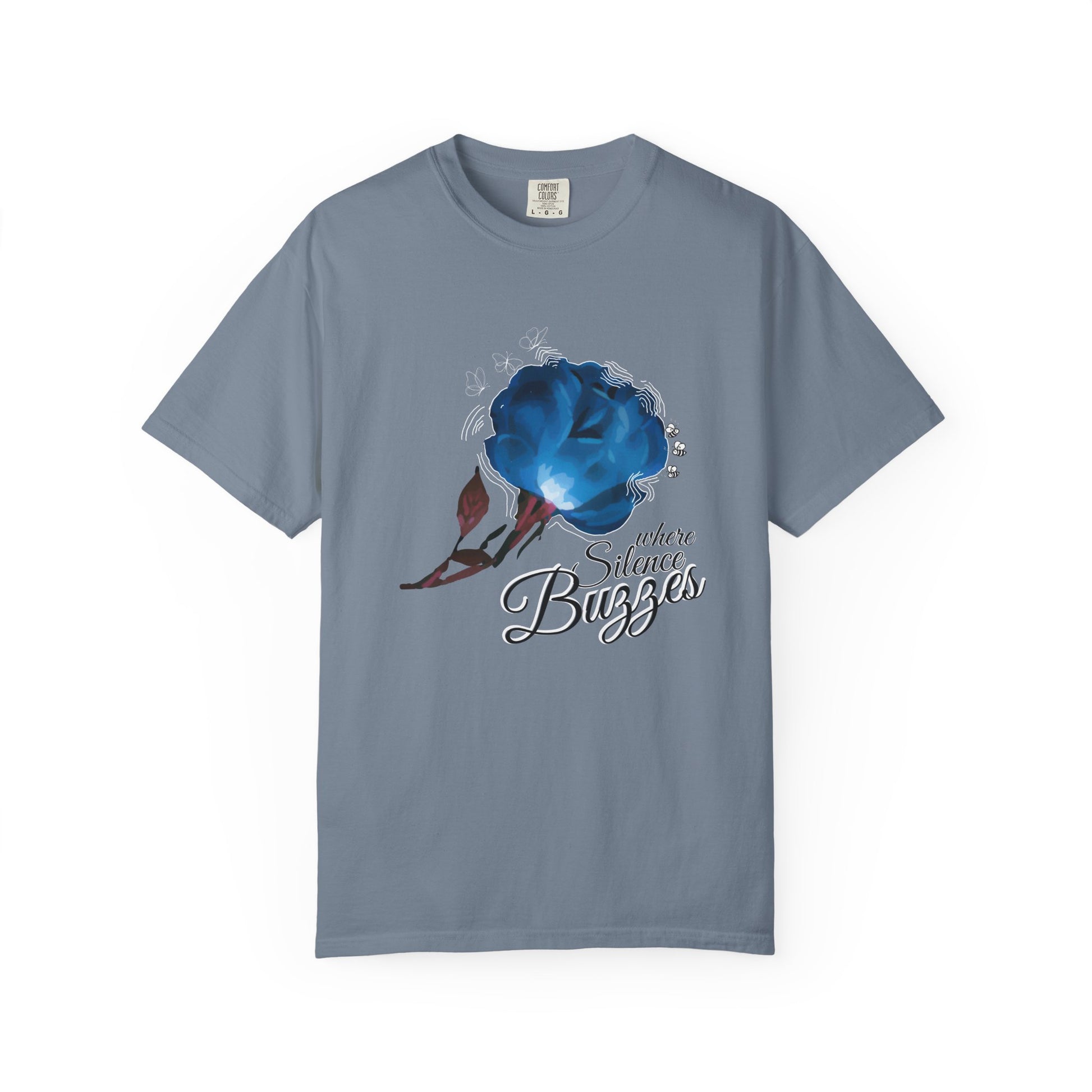 Nature inspired t-shirt featuring blue bloom and pollinator art print front view