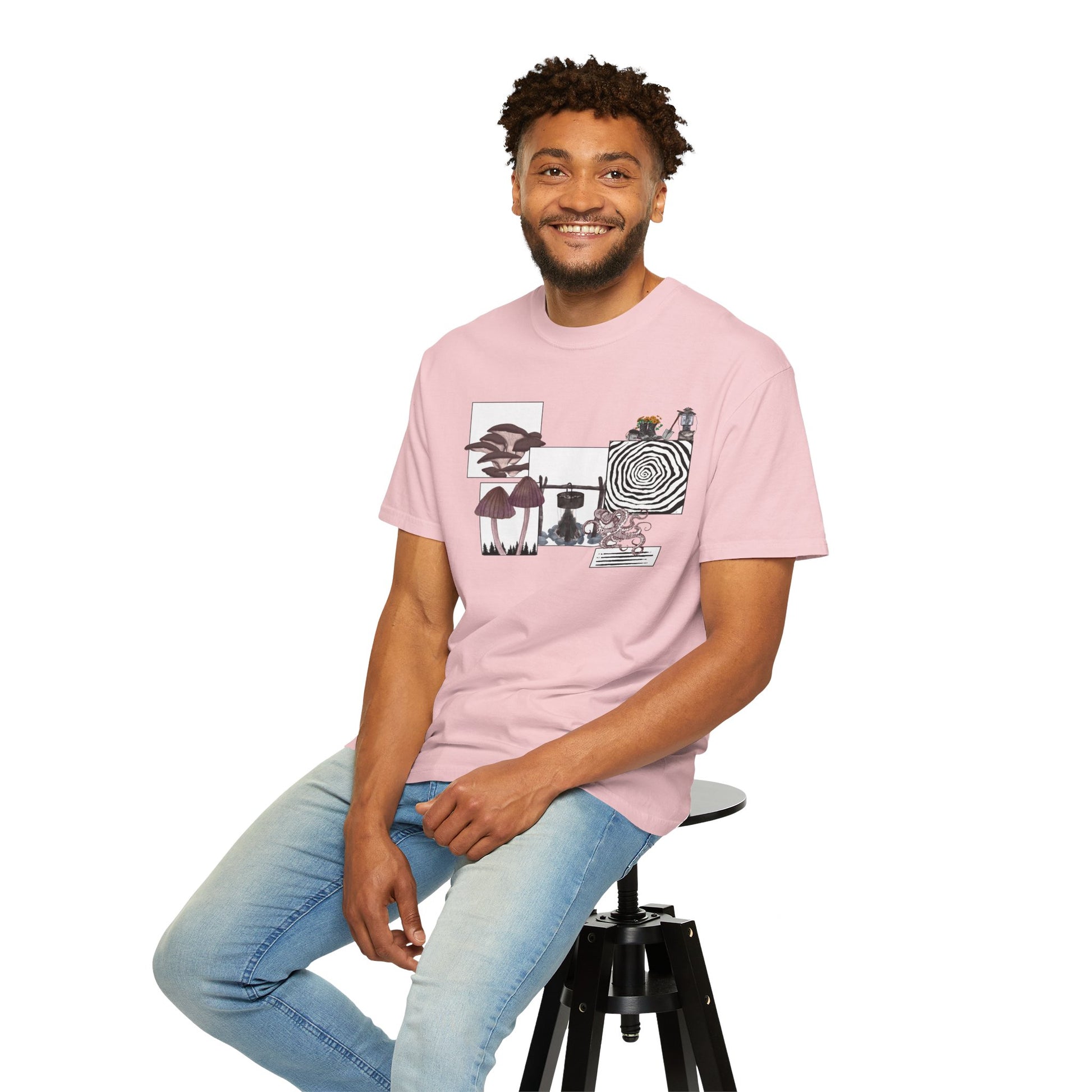 Nature magic tee product shot showing relaxed unisex fit across multiple model sizes S to 3XL