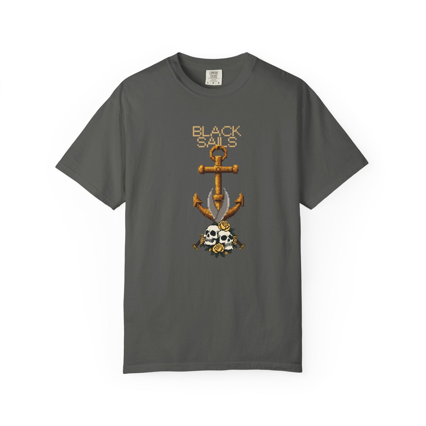 Nautical skull graphic tee front view showing golden anchor and digital font design
