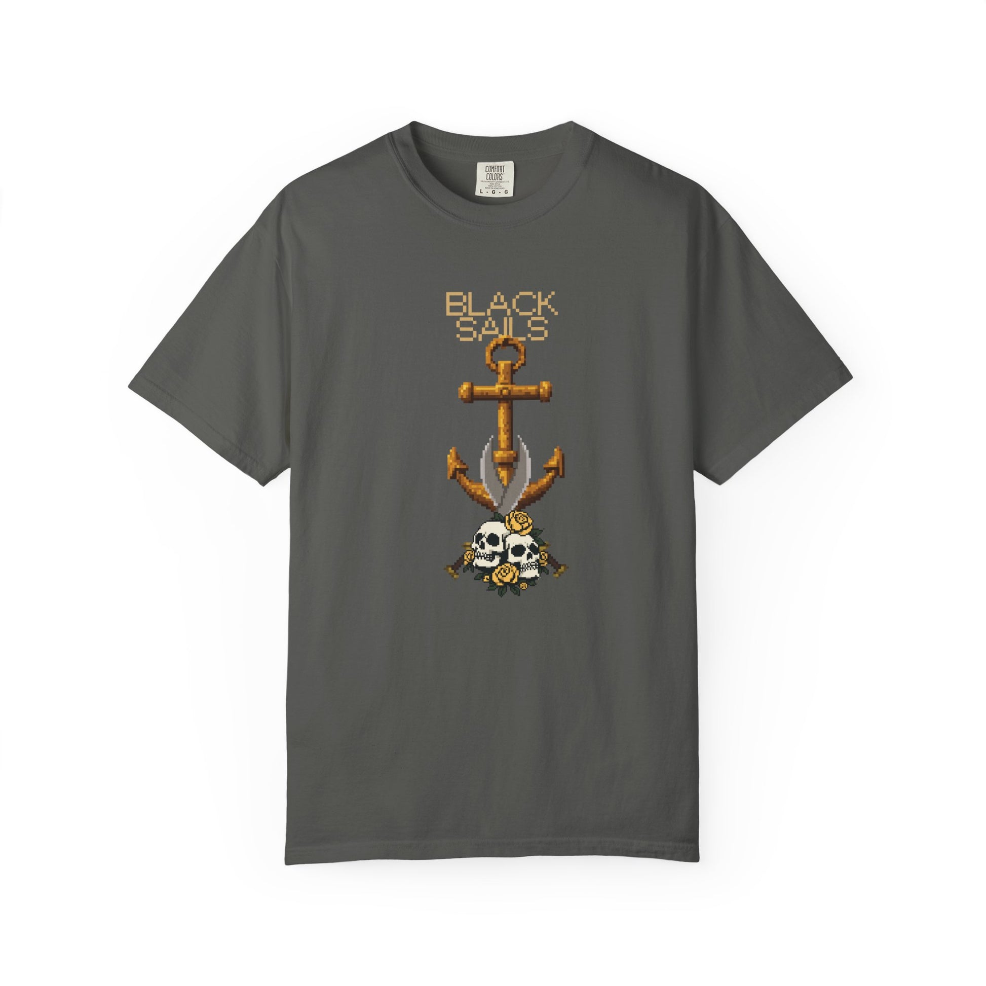 Nautical skull graphic tee front view showing golden anchor and digital font design
