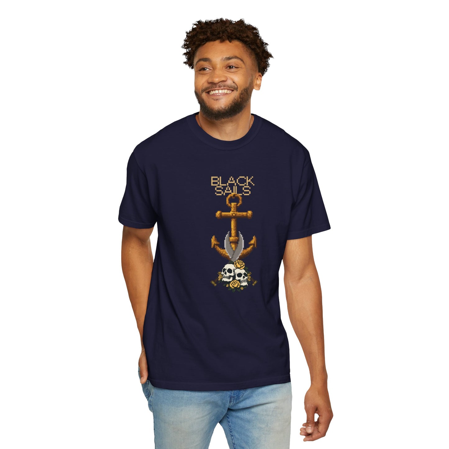 Nautical skull tee worn oversized on model showing relaxed tubular knit silhouette
