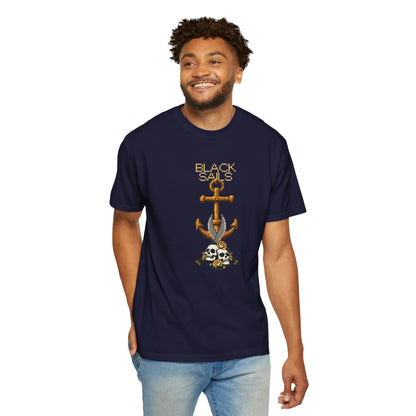 Nautical skull tee worn oversized on model showing relaxed tubular knit silhouette

