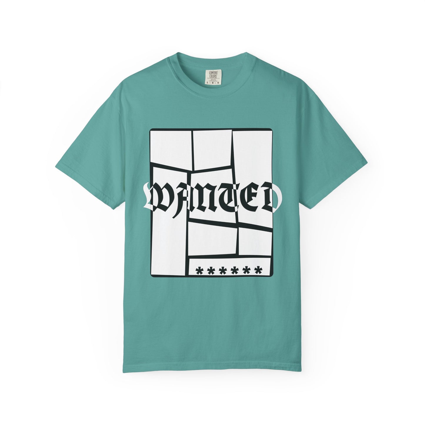 Navy garment dyed tee with fragmented blackletter WANTED graphic