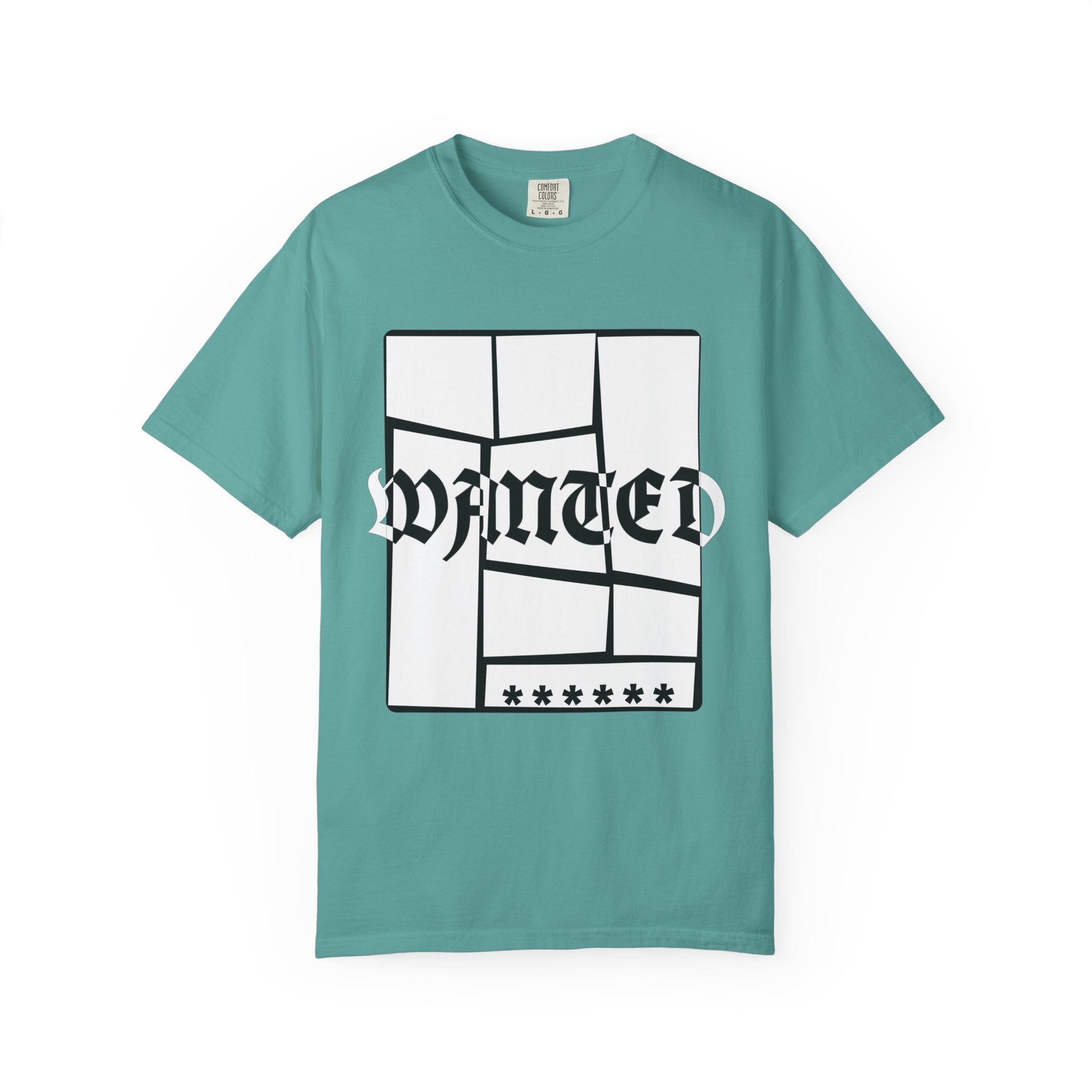 Navy garment dyed tee with fragmented blackletter WANTED graphic