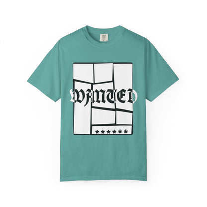 Navy garment dyed tee with fragmented blackletter WANTED graphic