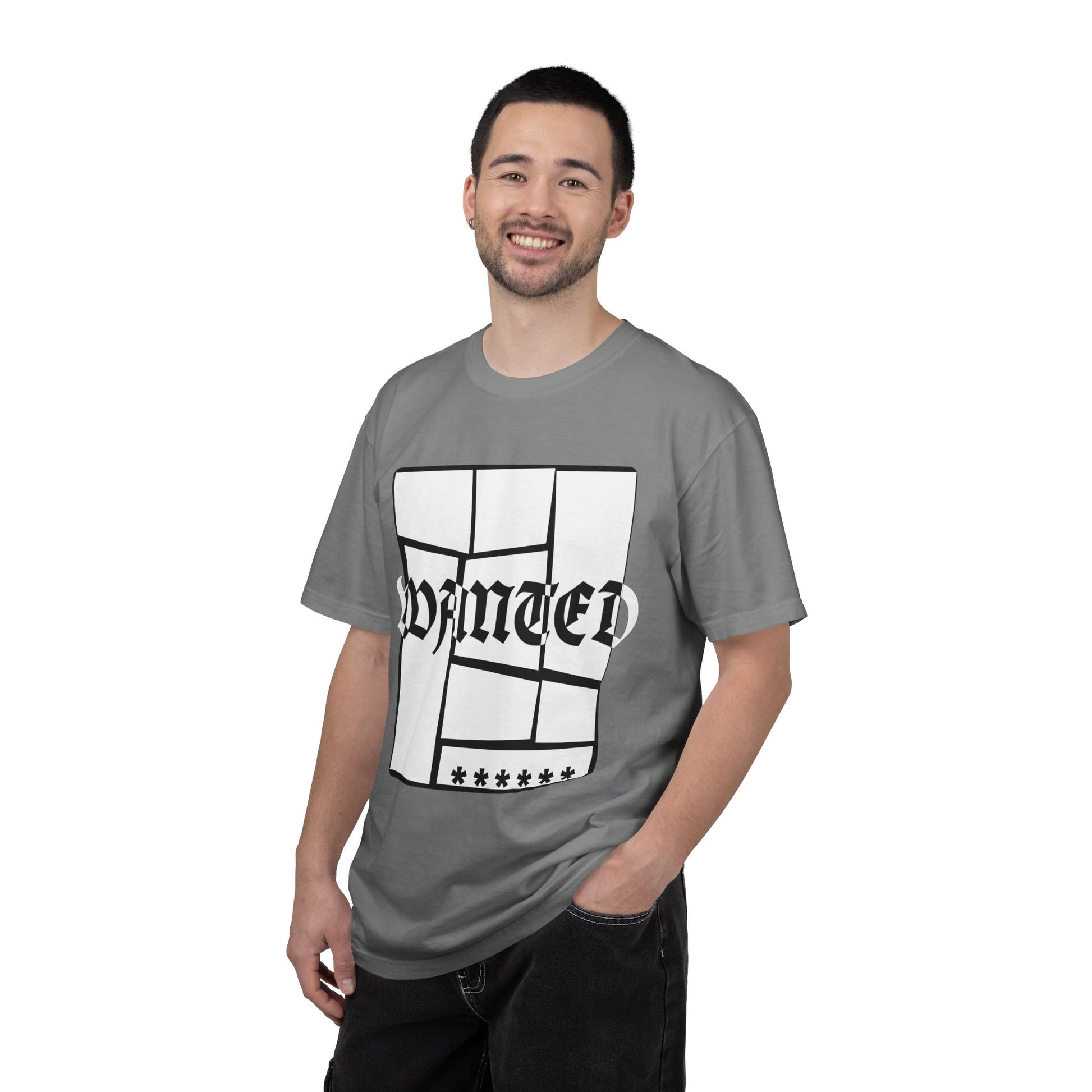 Navy heavyweight cotton tee with fragmented WANTED lettering print