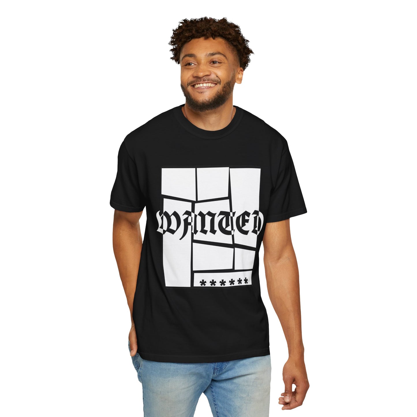 Navy heavyweight unisex tee with WANTED lettering in broken glass framing