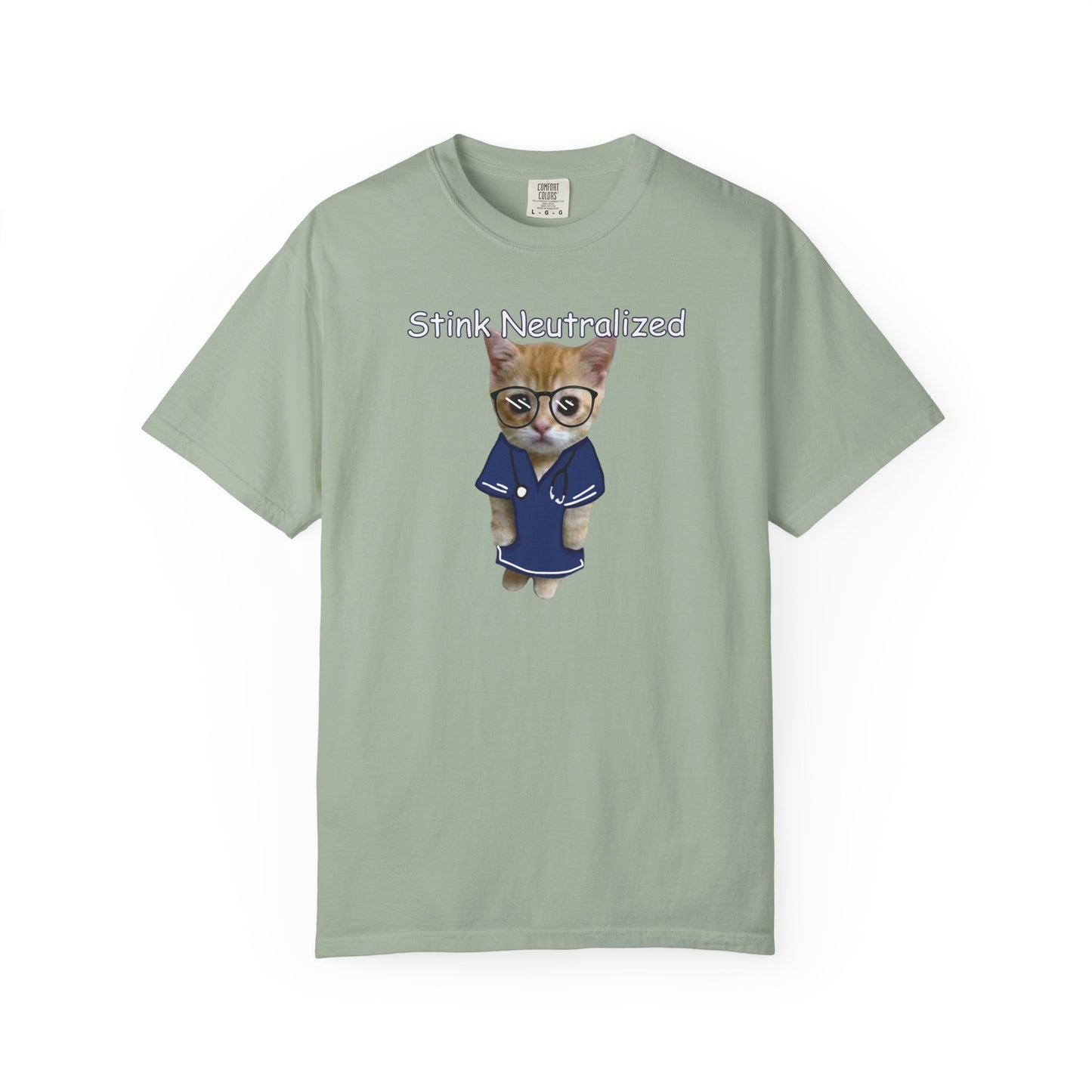 Navy robed cat with glasses print on vintage washed comfort colors tee