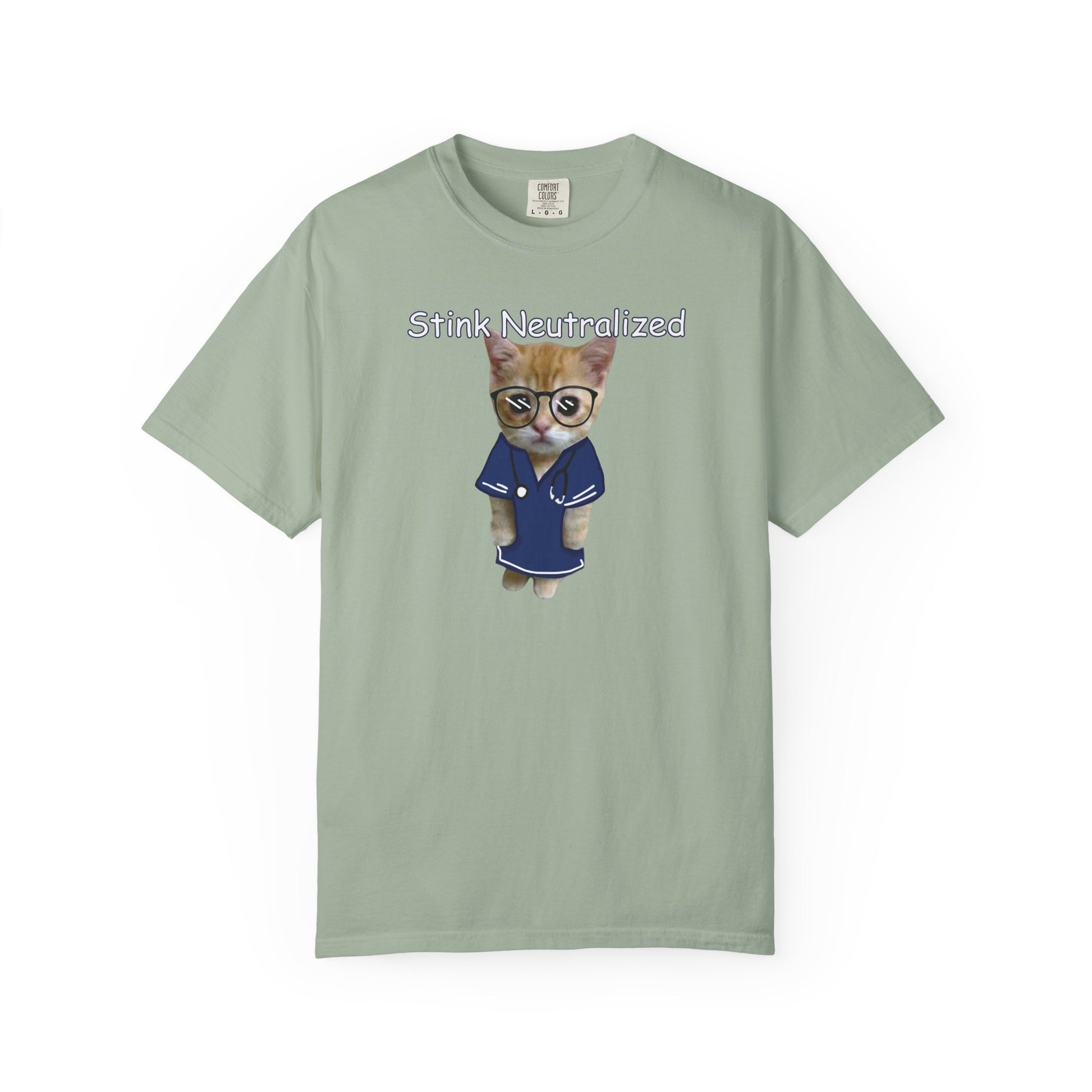 Navy robed cat with glasses print on vintage washed comfort colors tee