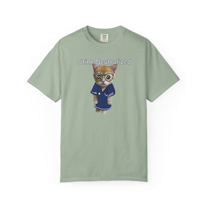 Navy robed cat with glasses print on vintage washed comfort colors tee