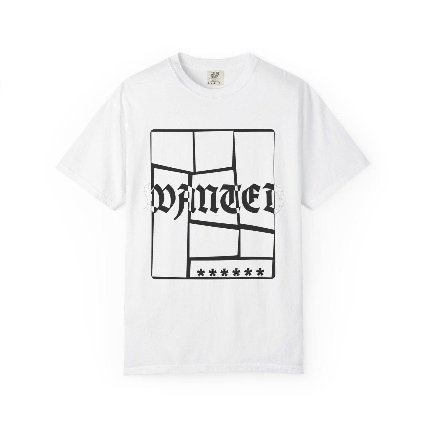 Navy streetwear tee featuring bold WANTED print in blackletter font