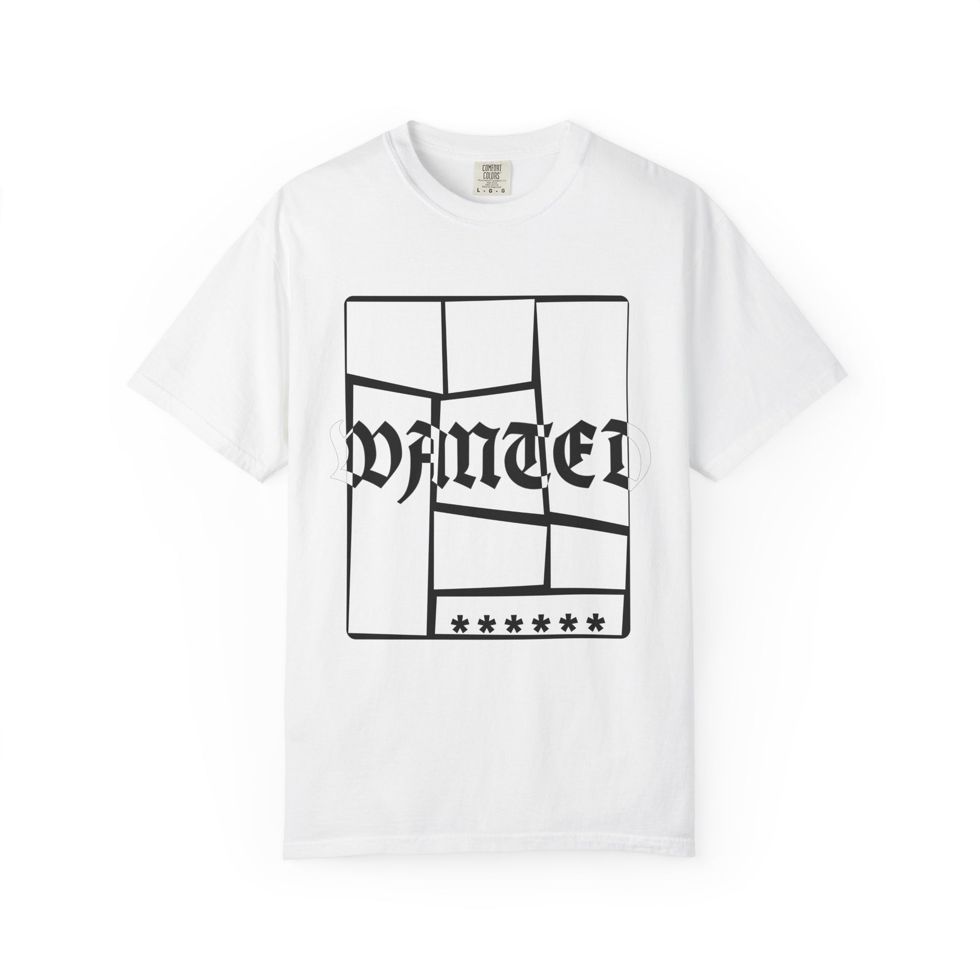 Navy streetwear tee featuring bold WANTED print in blackletter font