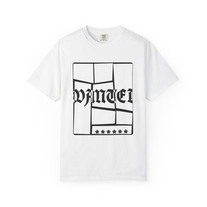Navy streetwear tee featuring bold WANTED print in blackletter font