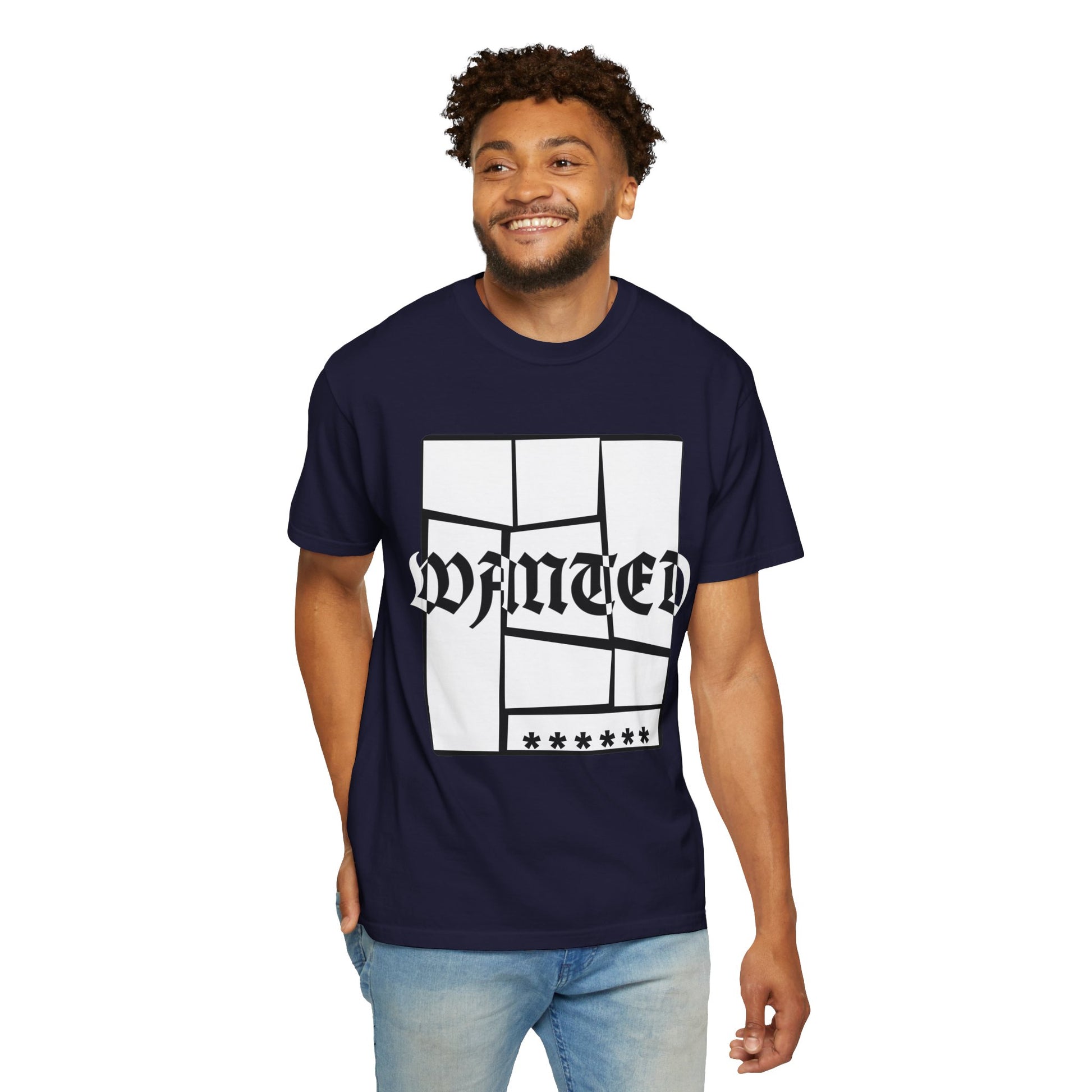 Navy tee featuring geometric broken glass WANTED blackletter design
