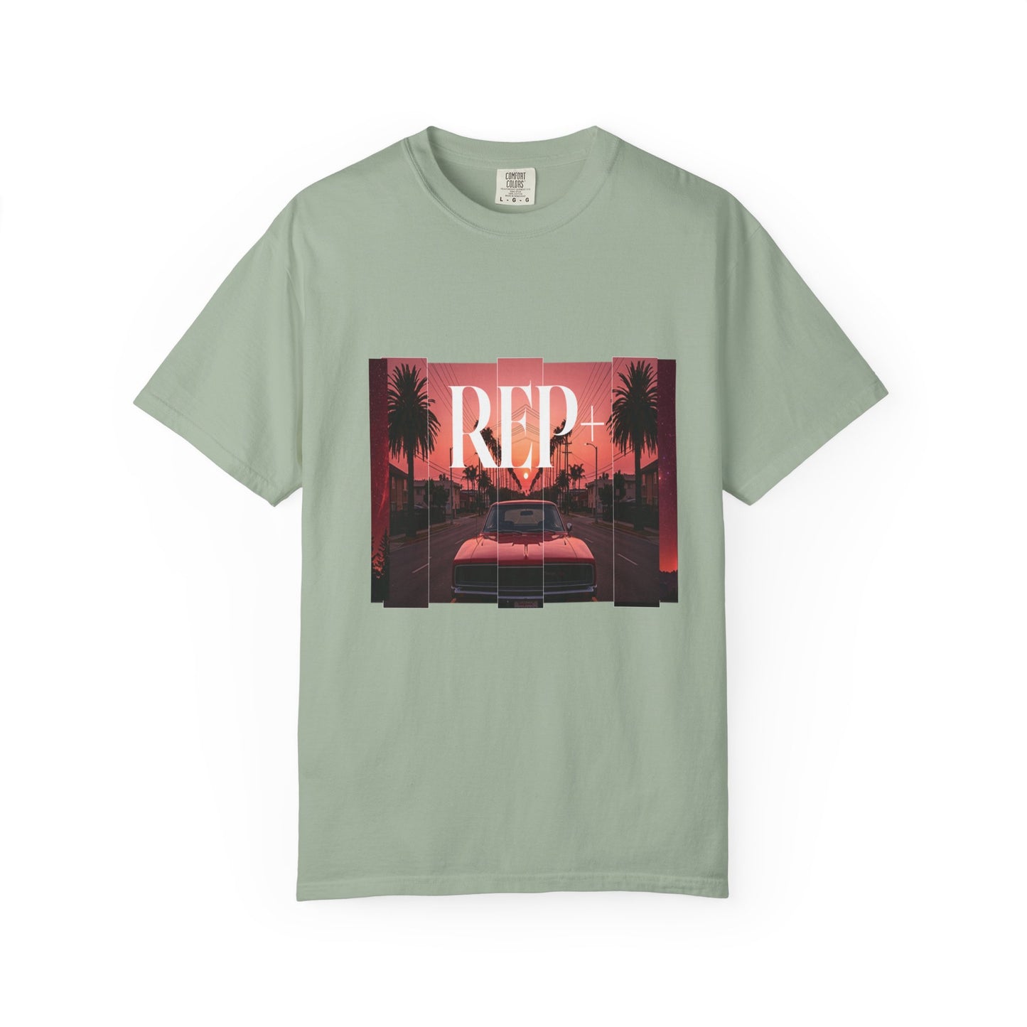 Neon beach collage graphic tee synthwave sunset lifeguard tower palm print