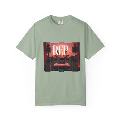 Neon beach collage graphic tee synthwave sunset lifeguard tower palm print