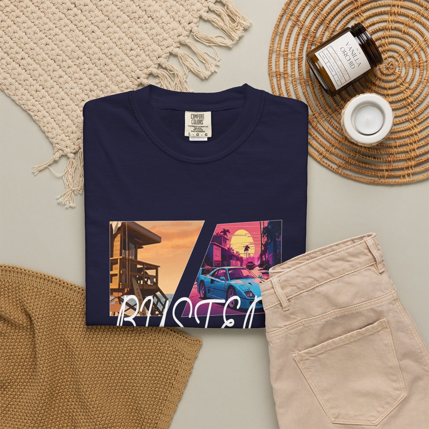Neon beach panel tee with cursive busted text and palm silhouettes