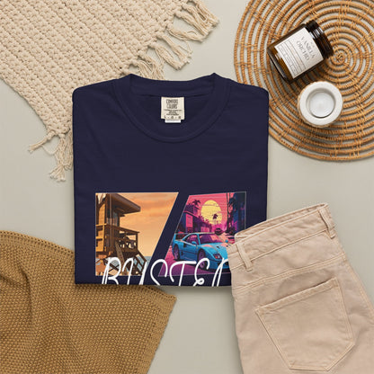 Neon beach panel tee with cursive busted text and palm silhouettes