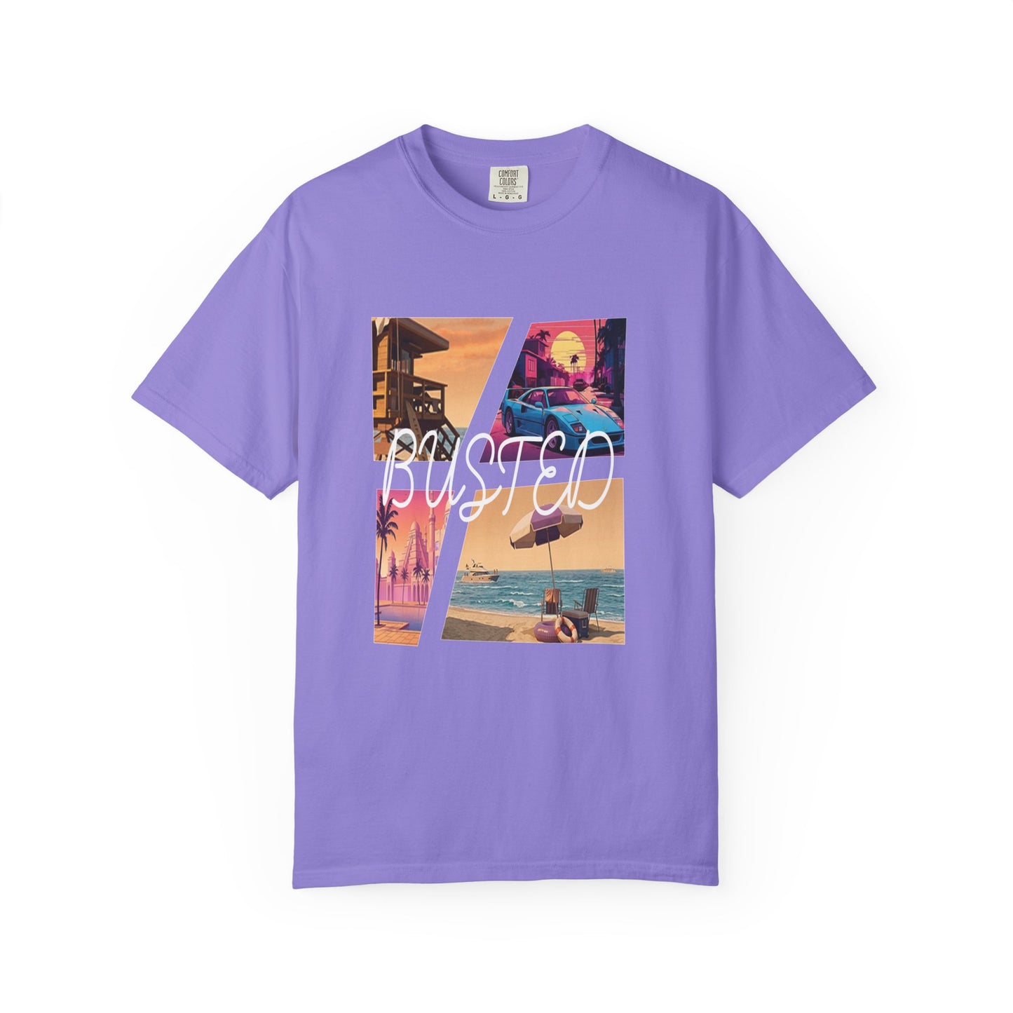 Neon pink and orange sunset collage tee on garment dyed cotton