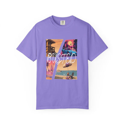 Neon pink and orange sunset collage tee on garment dyed cotton