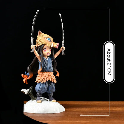 Nezuko Inosuke cosplay figure close-up showing bamboo muzzle and boar head detail
