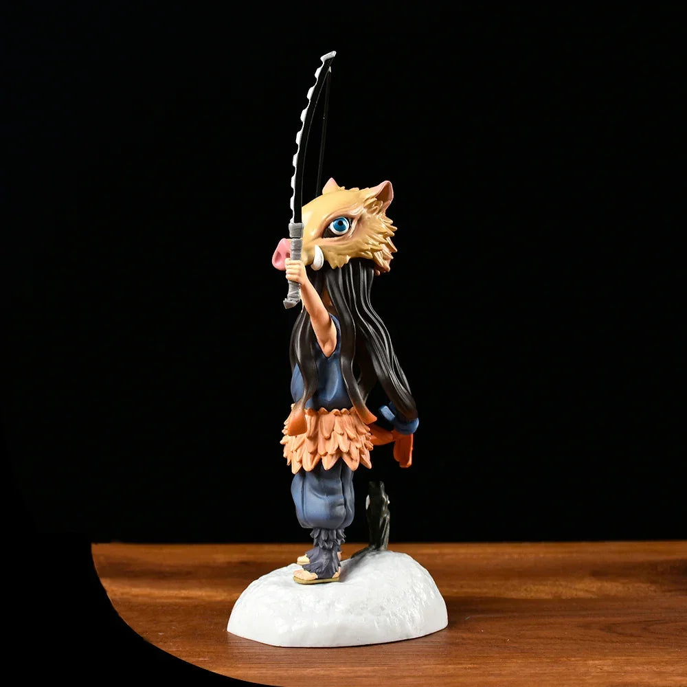 Nezuko cosplay anime figure displayed on shelf alongside demon slayer collectibles
