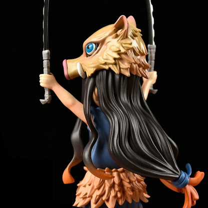 Nezuko cosplay figurine three-quarter angle showing Inosuke outfit craftsmanship
