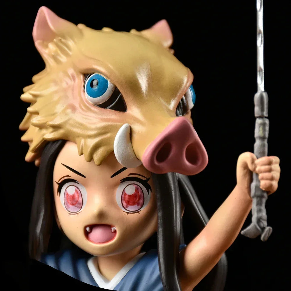 Nezuko figurine wearing Inosuke boar head full body display, demon slayer crossover collectible
