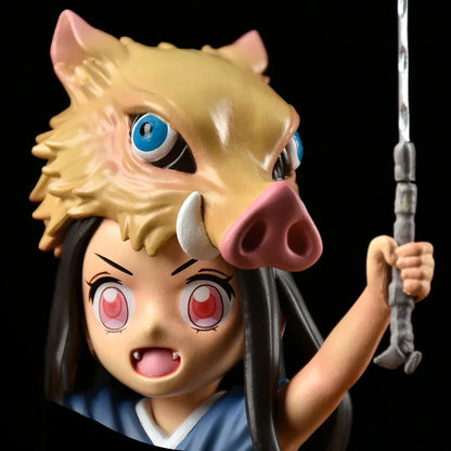 Nezuko figurine wearing Inosuke boar head full body display, demon slayer crossover collectible

