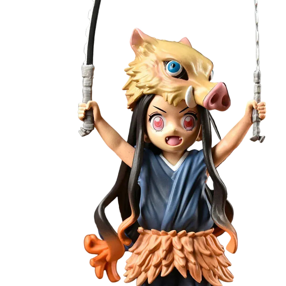 Nezuko plush cosplaying as Inosuke front view, 19cm PVC anime demon slayer collectible figure

